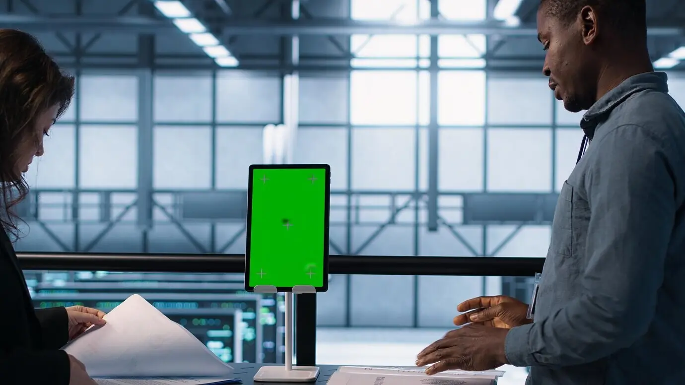 Ein Inspektor prüft Dokumente im Server-Hub und verwendet ein Tablet mit grünem Bildschirm.