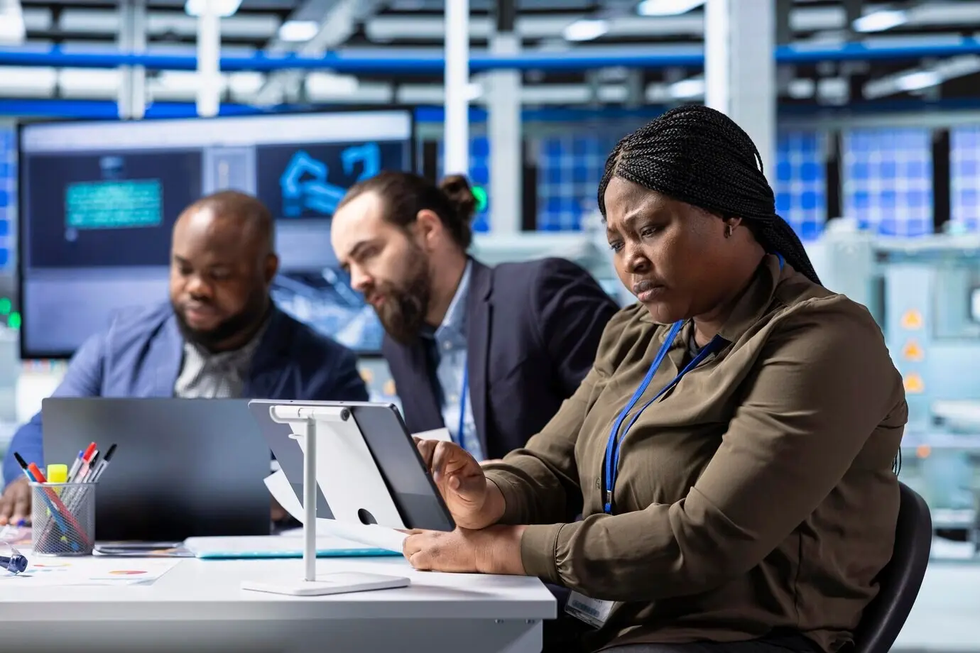 Aktionäre stellen mithilfe von Geräten sicher, dass die Fabrik die Sicherheitsstandards einhält.