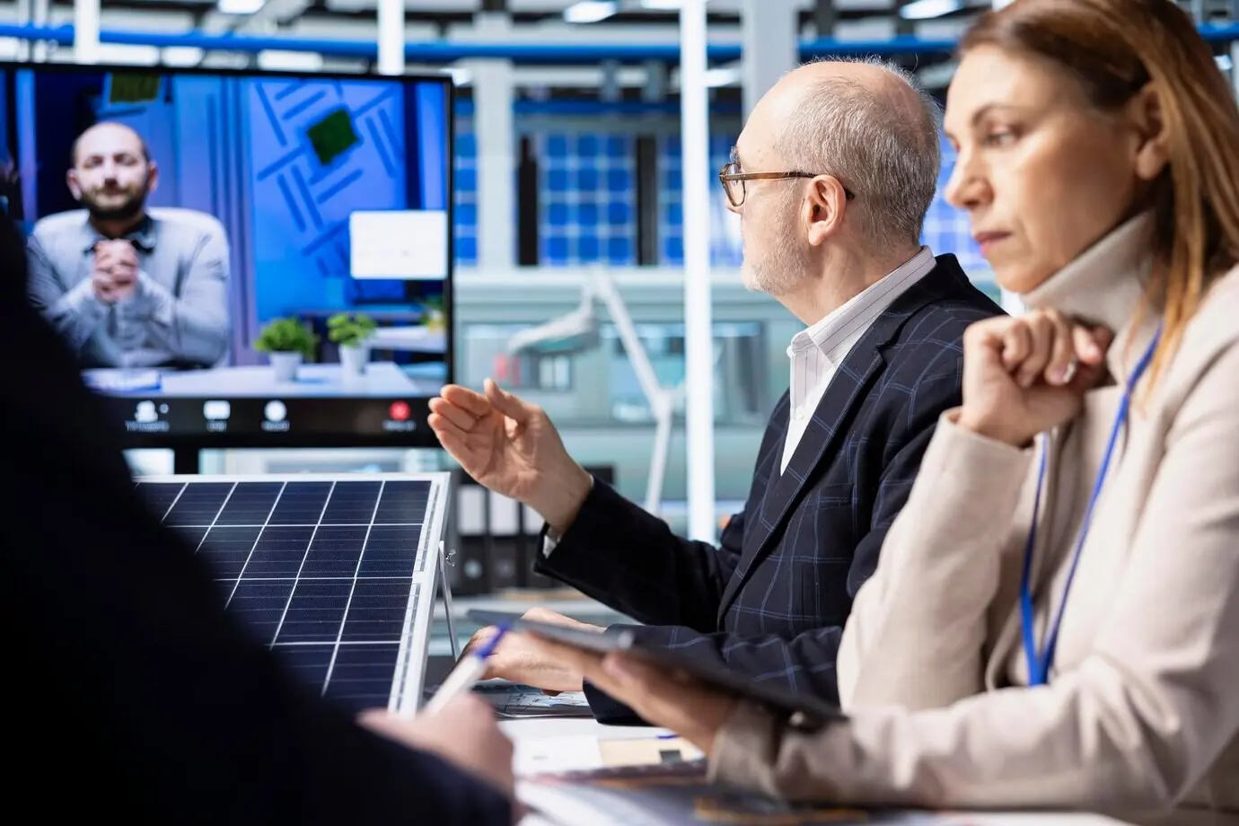 Anteilseigner sorgen in einer Videokonferenz dafür, dass die Fabrik die Sicherheitsstandards einhält.