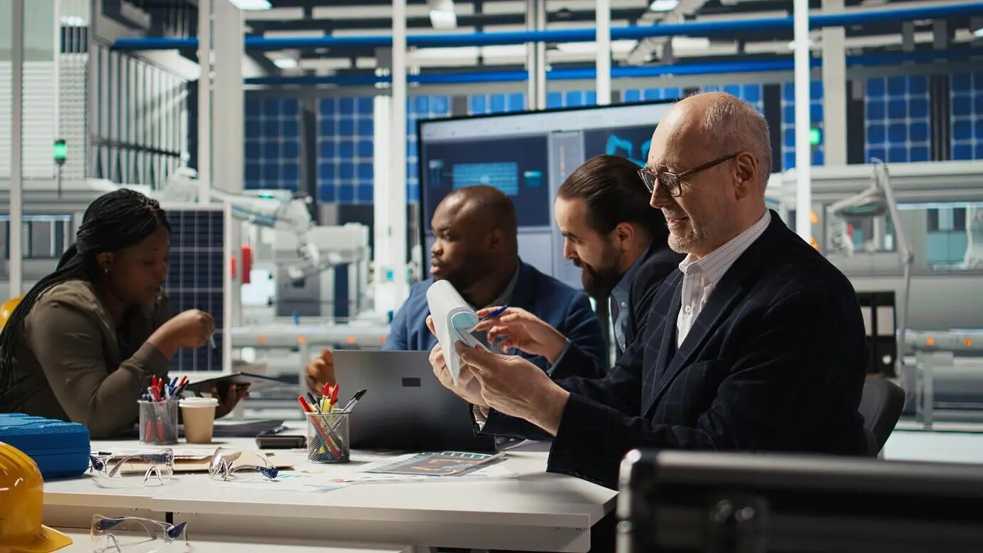 Team der Nachhaltigkeitsabteilung, das Berichte über die Emissionen einer Solarmodulfabrik zusammenstellt.